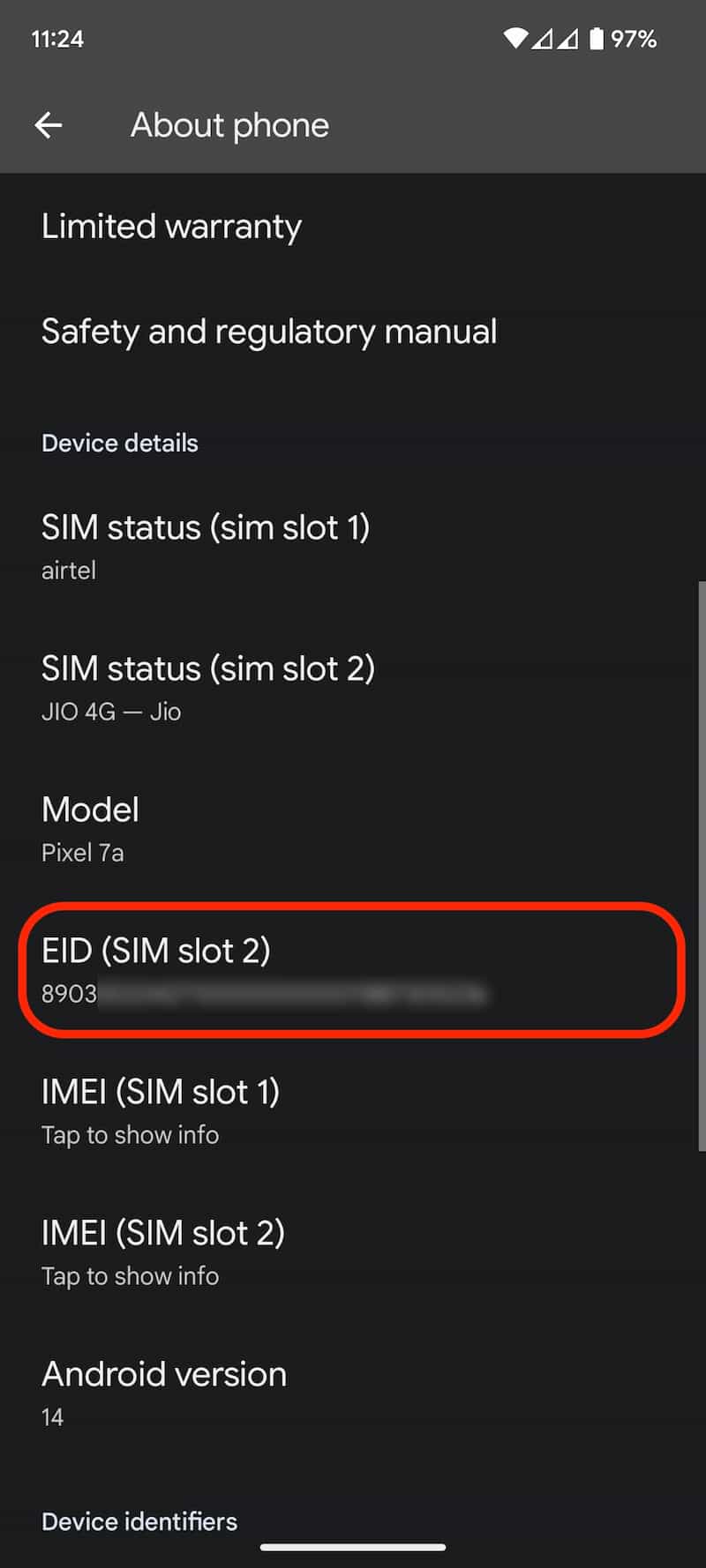 EID on Google Pixel 7a