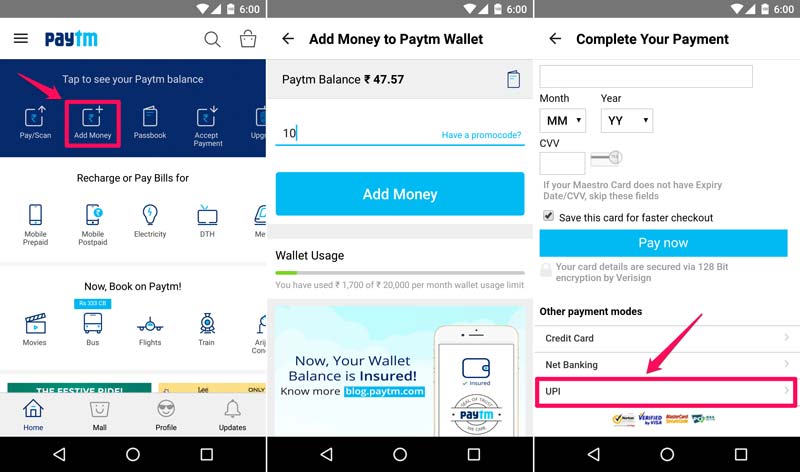 Adding Money to Paytm Wallet Using UPI
