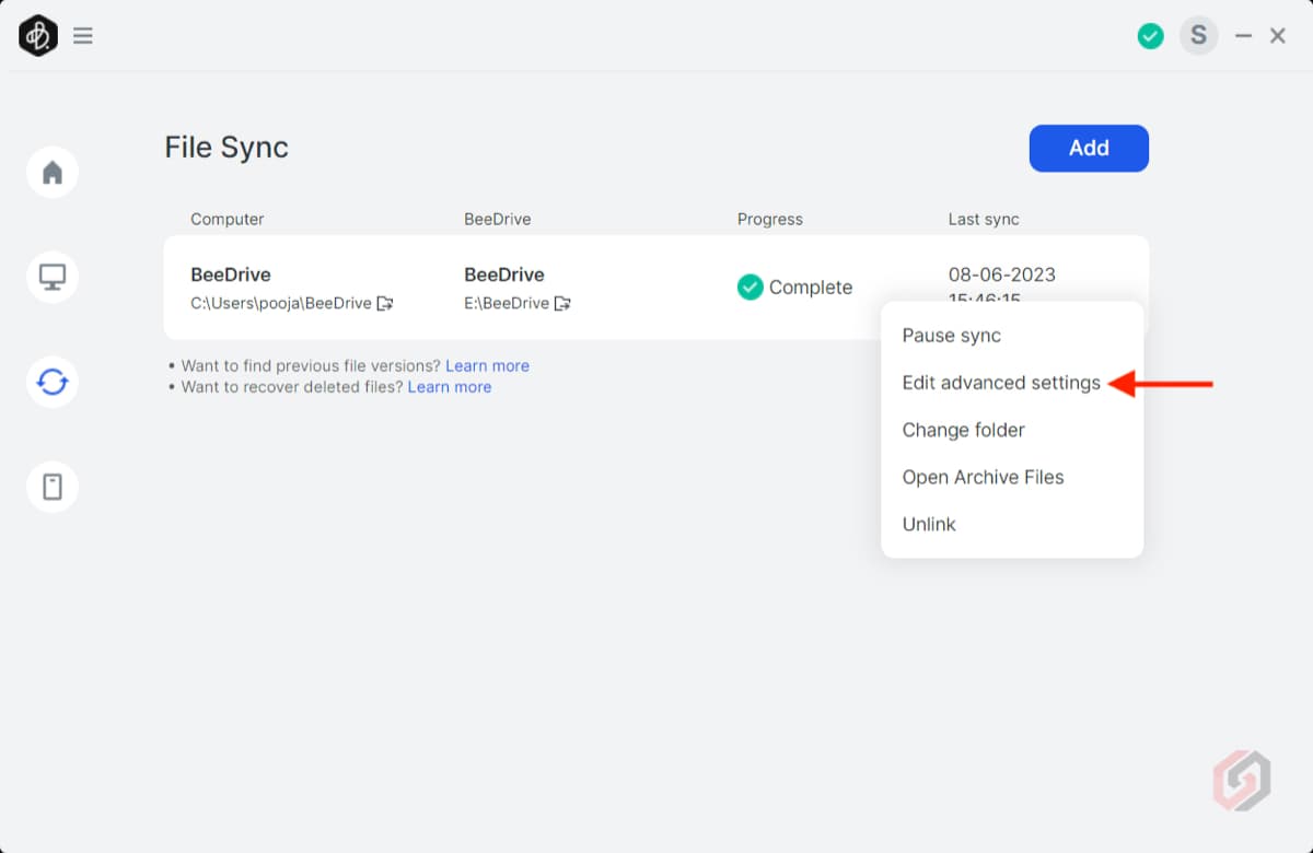 Synology BeeDrive File Sync Advanced Settings