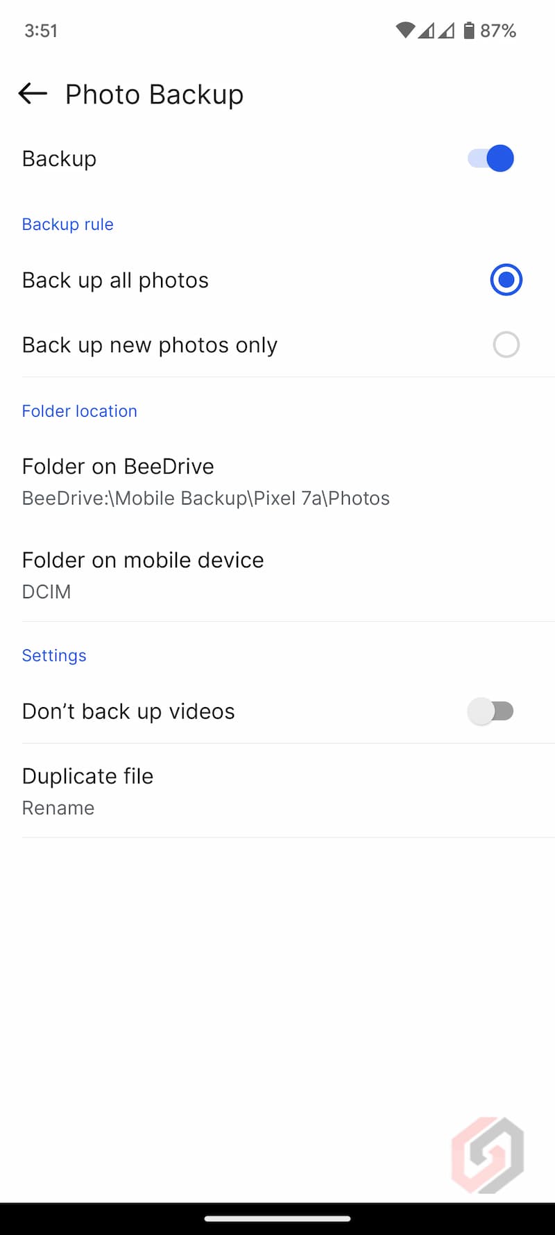 Synology BeeDrive for Android Settings