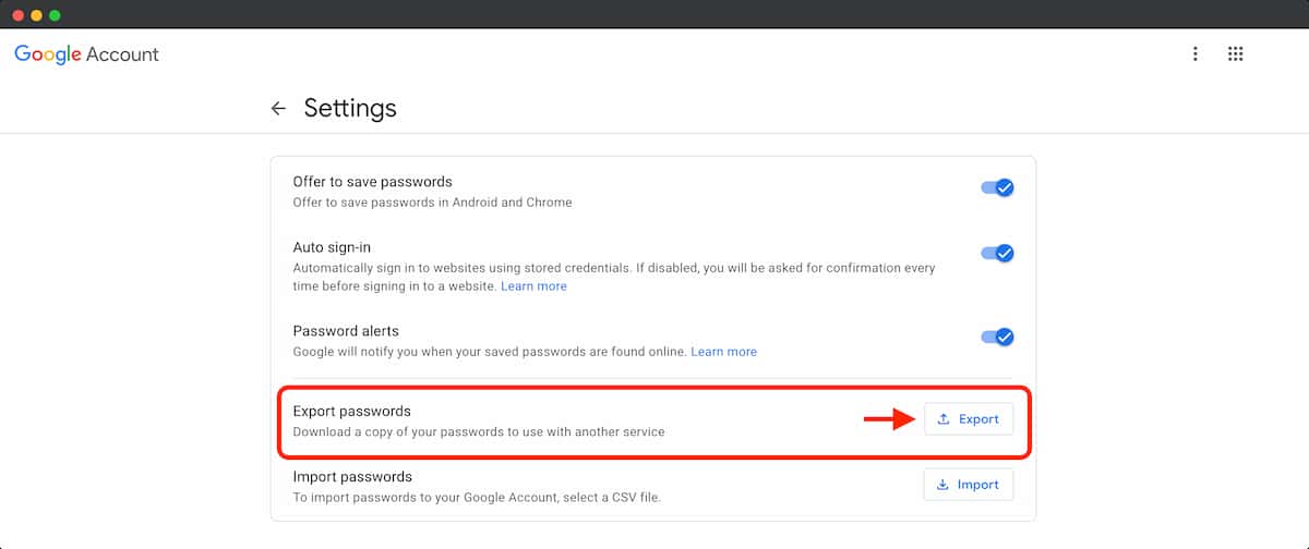 Google Password Settings