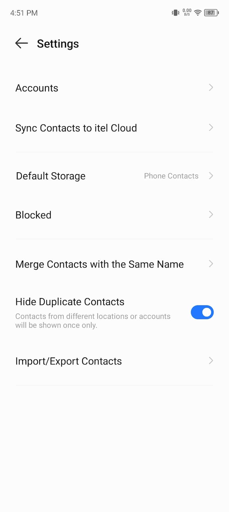 itel P55 Contacts Settings