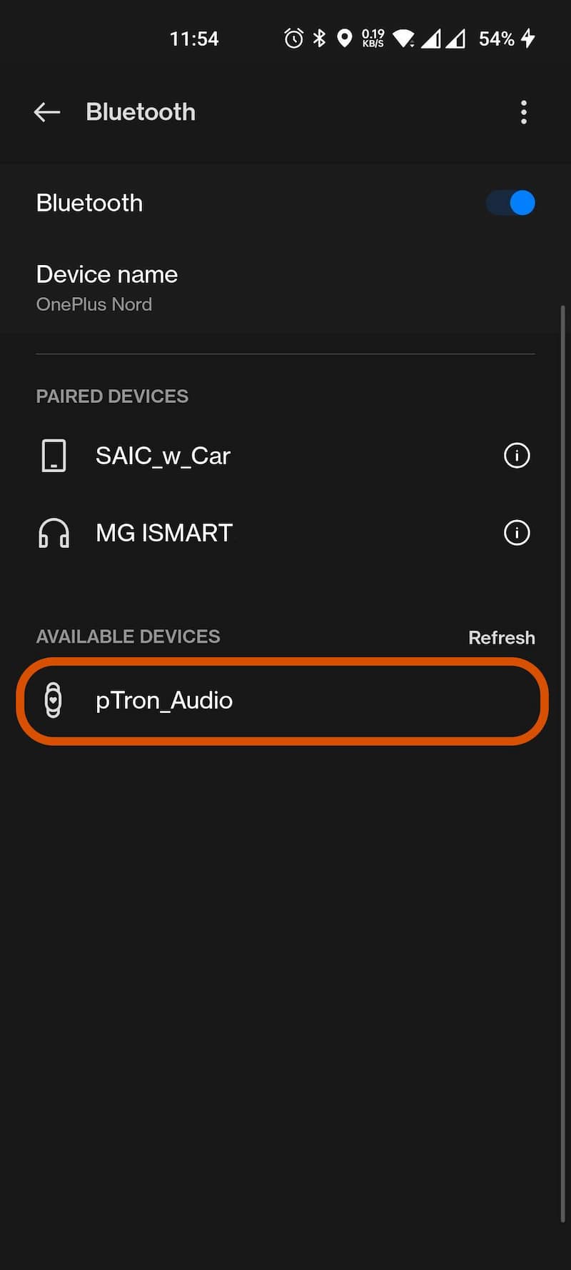 pTron Bluetooth Settings